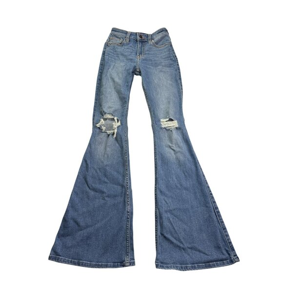 Hollister High Rise Flare Jeans Size 00R Medium Wash Distressed Ripped Knees - Picture 1 of 7